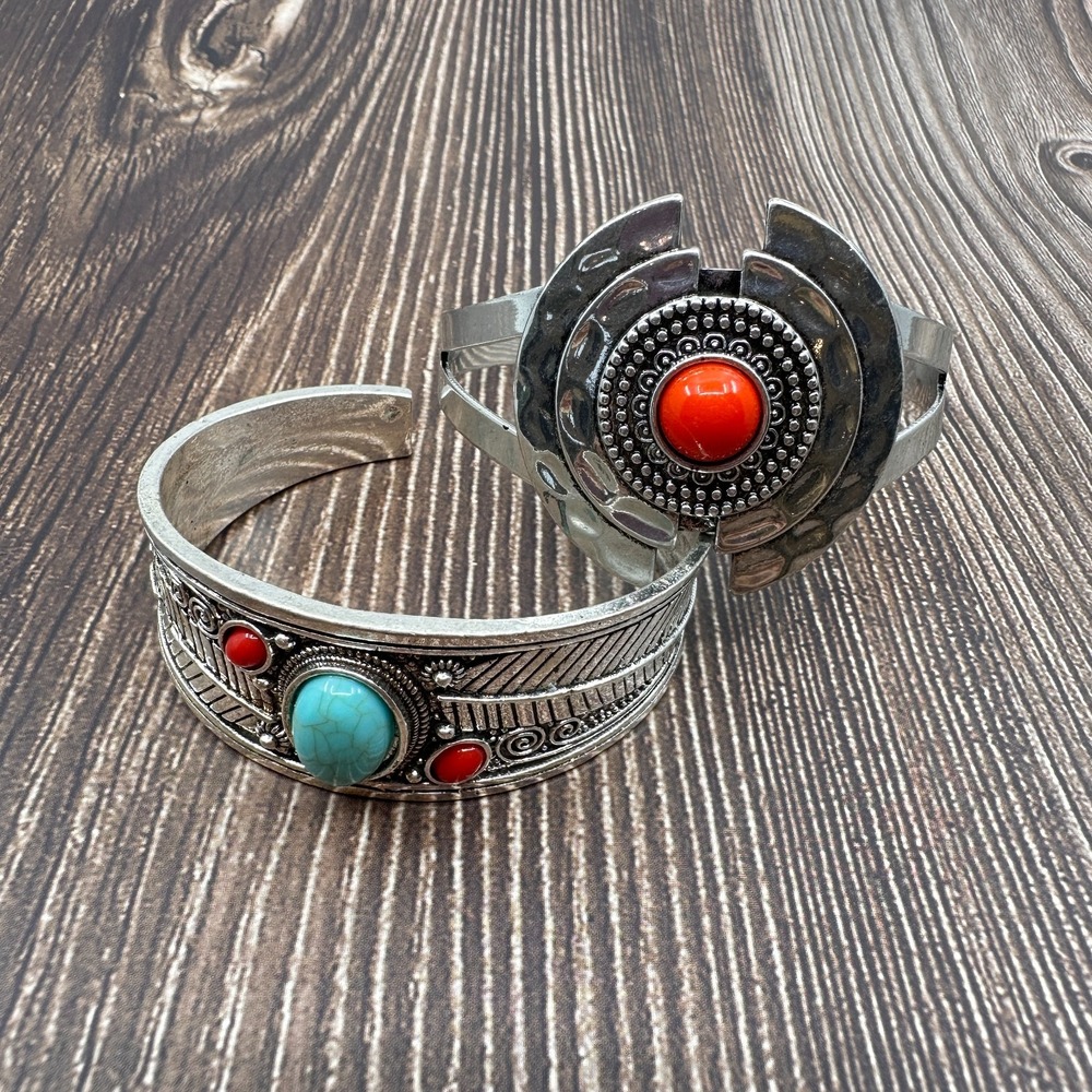 Set of 2 Silver Tone Cuff Bracelets Turquoise Red Cabochon Boho Southwestern